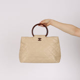 Chanel 1996 Vanilla Caviar Wooden Handle Shopper Tote