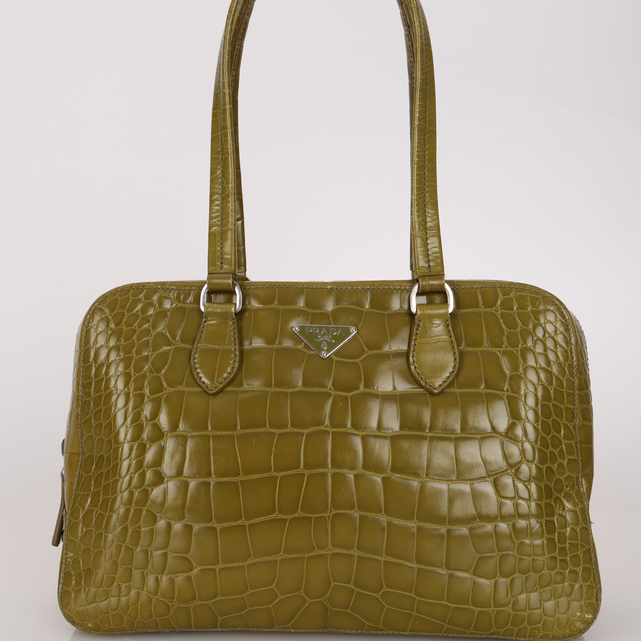 Prada Acid Green St. Cocco Embossed Crocodile Lucido Bauletto