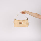 Rare Fendi Beige Goatskin Rose Quartz Double Flap Baguette