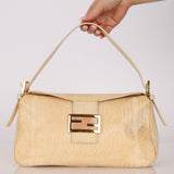Rare Fendi Beige Goatskin Rose Quartz Double Flap Baguette