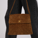 Chanel 1998 Cognac Suede Turnlock Kelly Shoulder Bag 24K GP