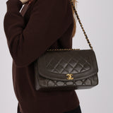 Ultra-Rare Chanel 1996 Deep Olive Lambskin Medium Diana Bag 24K GP