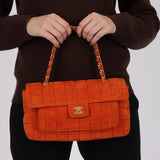 Chanel 2001 Orange Suede Chocolate Bar Single Flap Bag Permabrass