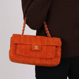Chanel 2001 Orange Suede Chocolate Bar Single Flap Bag Permabrass