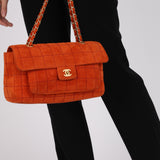 Chanel 2001 Orange Suede Chocolate Bar Single Flap Bag Permabrass