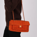 Chanel 2001 Orange Suede Chocolate Bar Single Flap Bag Permabrass