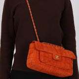 Chanel 2001 Orange Suede Chocolate Bar Single Flap Bag Permabrass