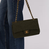 Rare Chanel 1987 Green Wool Medium Classic Flap 24KGP