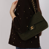 Rare Chanel 1987 Green Wool Medium Classic Flap 24KGP