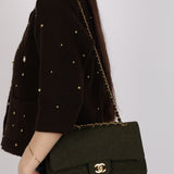 Rare Chanel 1987 Green Wool Medium Classic Flap 24KGP