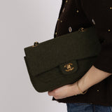 Rare Chanel 1987 Green Wool Medium Classic Flap 24KGP