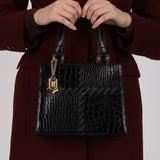 Yves Saint Laurent Black Croc Embossed Stitch Tote