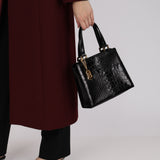 Yves Saint Laurent Black Croc Embossed Stitch Tote