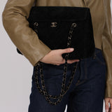 Rare Chanel 2000s Black Suede Turnlock Trapezoid Jumbo Flap