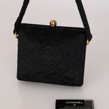 Chanel Kisslock Minaudiere Top Handle Black Satin 1995 24K GP
