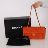 Chanel 2001 Orange Suede Chocolate Bar Single Flap Bag Permabrass