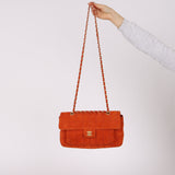 Chanel 2001 Orange Suede Chocolate Bar Single Flap Bag Permabrass