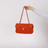 Chanel 2001 Orange Suede Chocolate Bar Single Flap Bag Permabrass