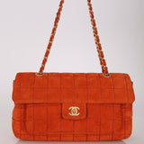 Chanel 2001 Orange Suede Chocolate Bar Single Flap Bag Permabrass