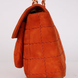 Chanel 2001 Orange Suede Chocolate Bar Single Flap Bag Permabrass