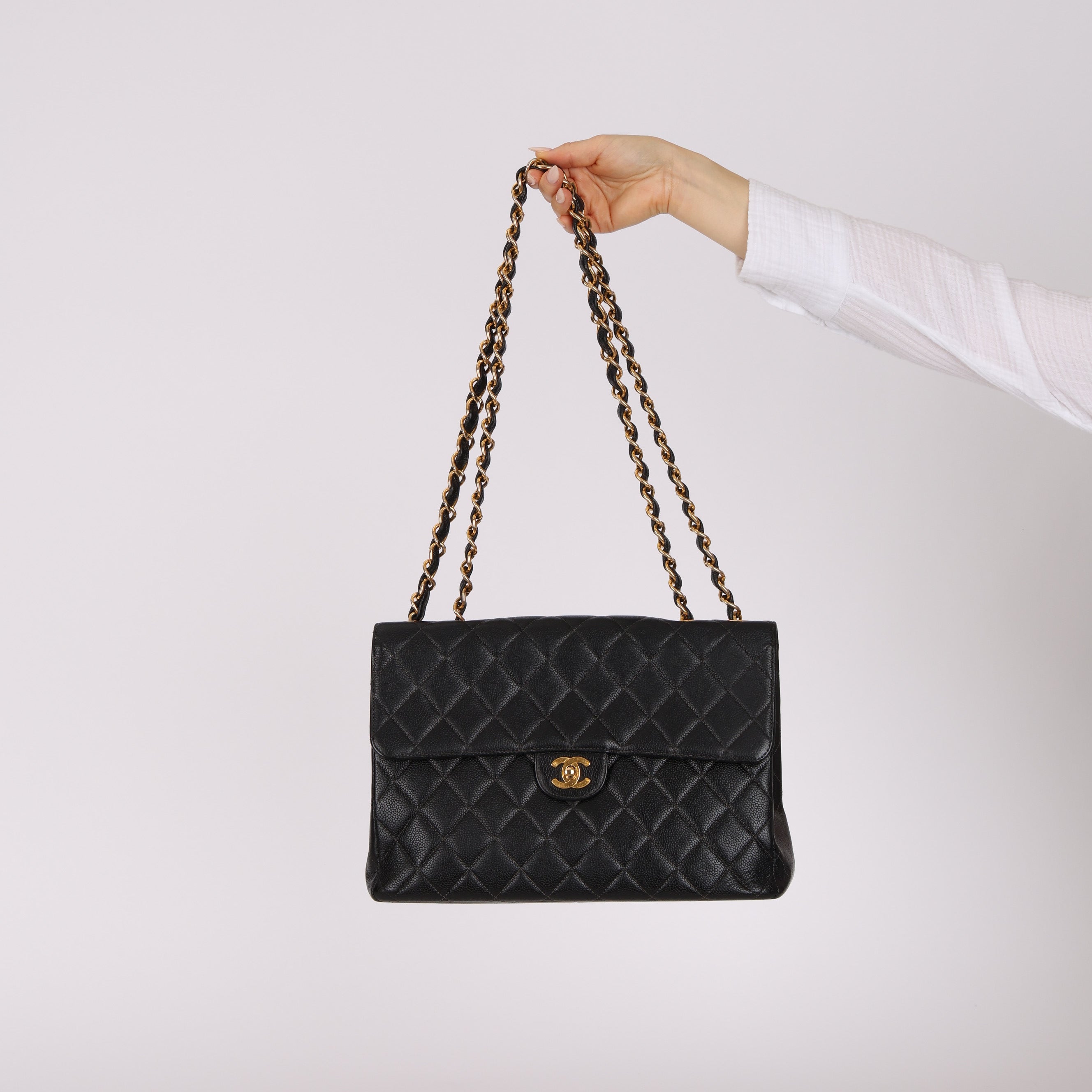 Chanel 2001 Caviar Turnlock Jumbo Classic Single Flap Bag 24K GP