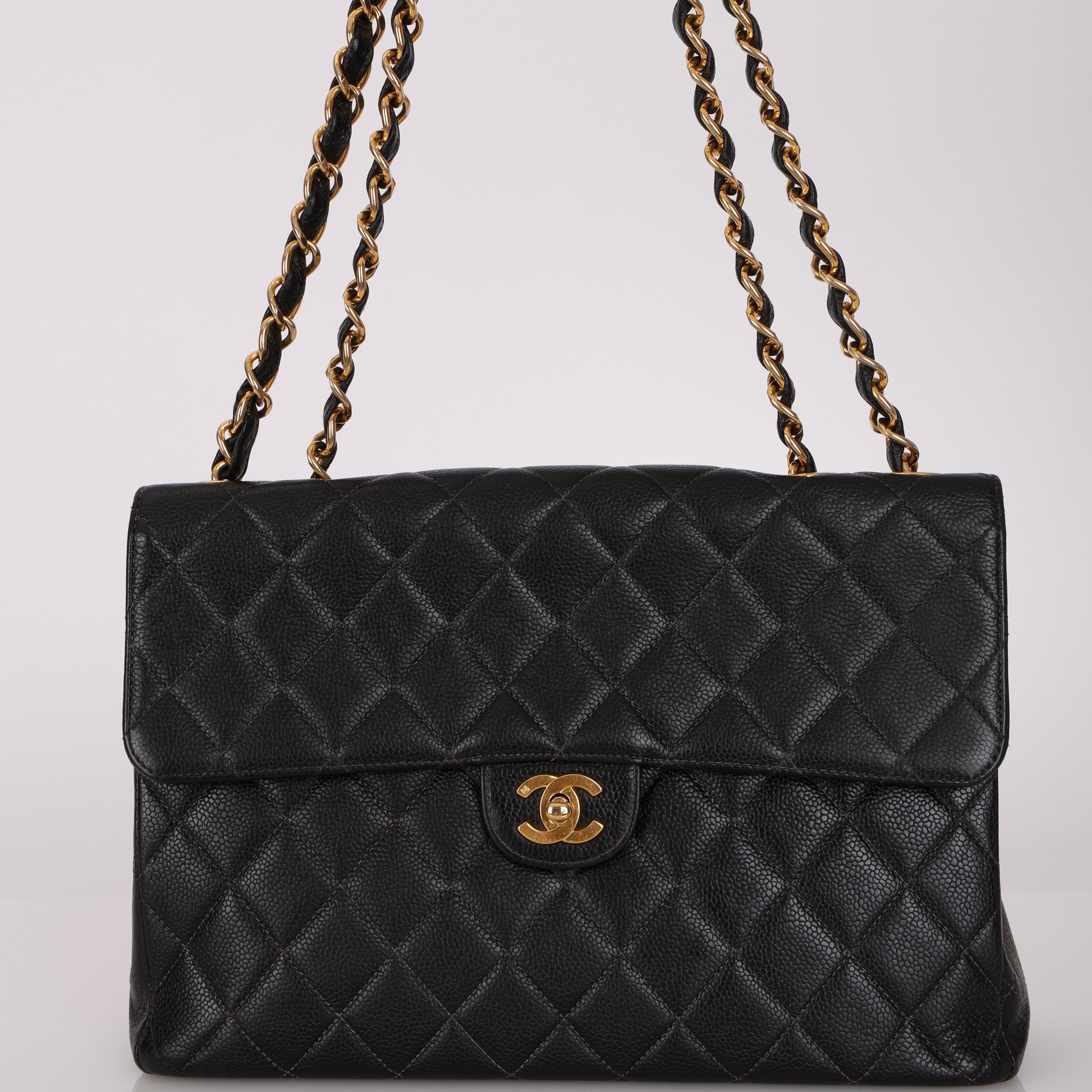 Chanel 2001 Caviar Turnlock Jumbo Classic Single Flap Bag 24K GP
