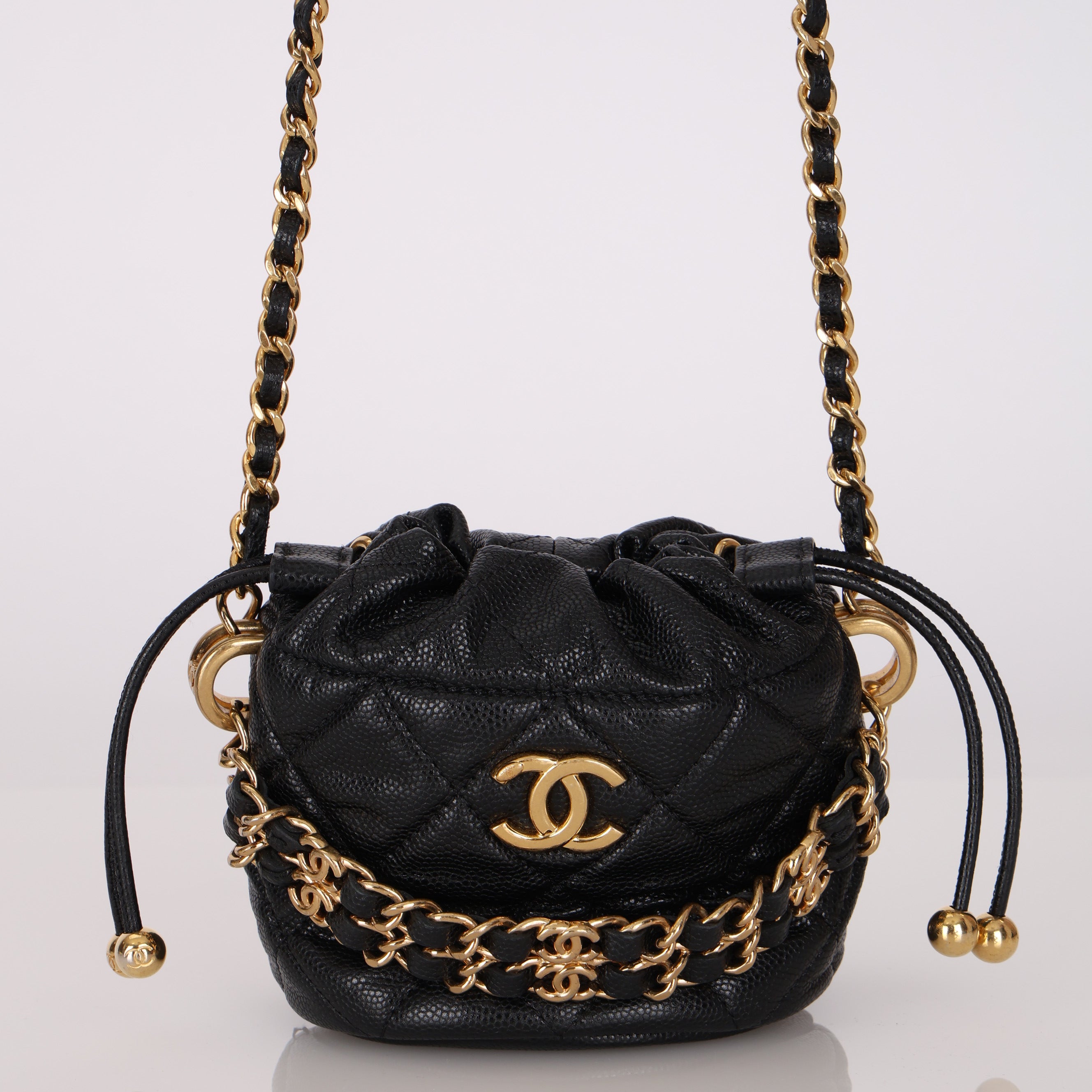Chanel 2022 Caviar Quilted Coco First Bucket Clutch With Chain