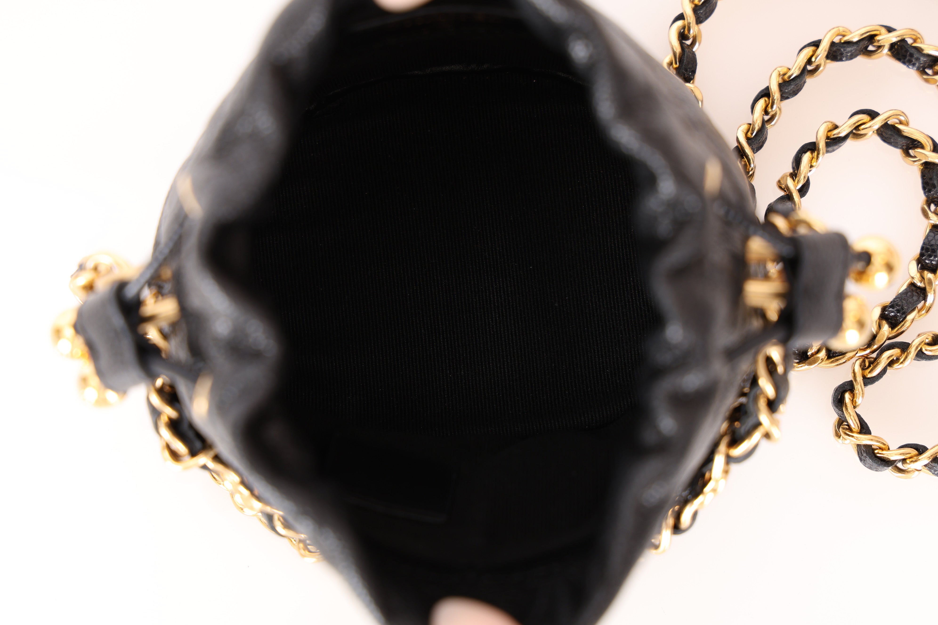 Chanel 2022 Caviar Quilted Coco First Bucket Clutch With Chain