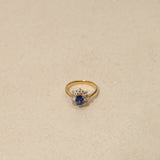 1990's 18K Yellow Gold and Sapphire Diamond Halo Ring, Size US 5.75