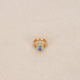 18K Yellow Gold Sapphire Peridot & Aquamarine Halo Ring, Size US 5.25