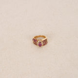 Vintage 1980s 18K Yellow Gold Ruby and Diamond Woven Motif Solitaire Ring, Size US 5