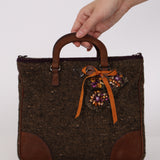 Prada Embellished Tweed Brown Top Handle Bag