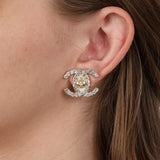 Chanel 1996 Large Silver Crystal Embellished CC Turnlock Clip-On Earrings