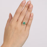 Vintage 1970s 18K Yellow Gold Diamond and Emerald Spiral Halo Ring, Size US 6