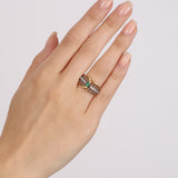 Vintage 1970s 18K Yellow Gold and Platinum Diamond and Emerald Bar Ring, Size US 6.5