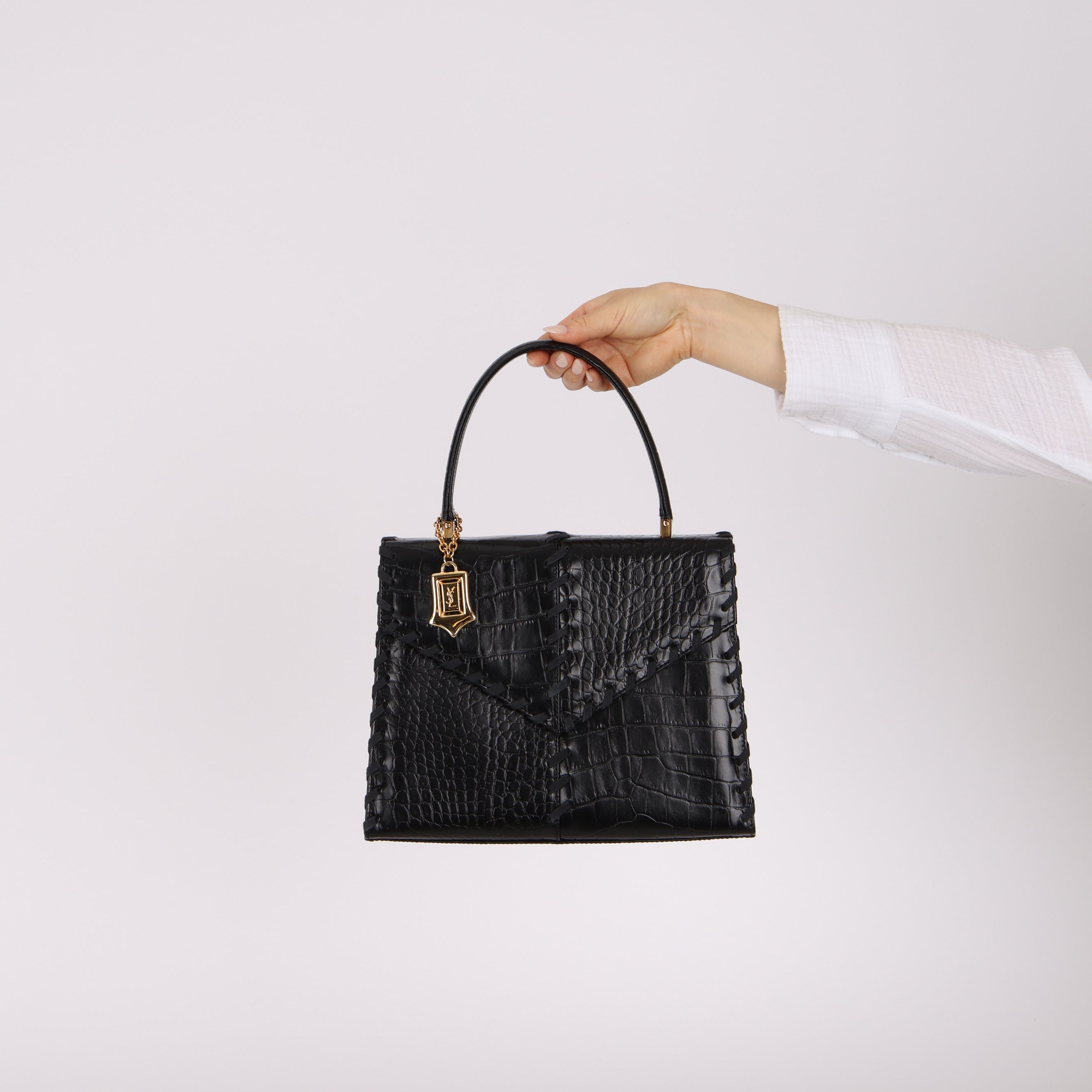 Limited Edition Yves Saint Laurent Whipstitch Crocodile Embossed Top Handle Bag