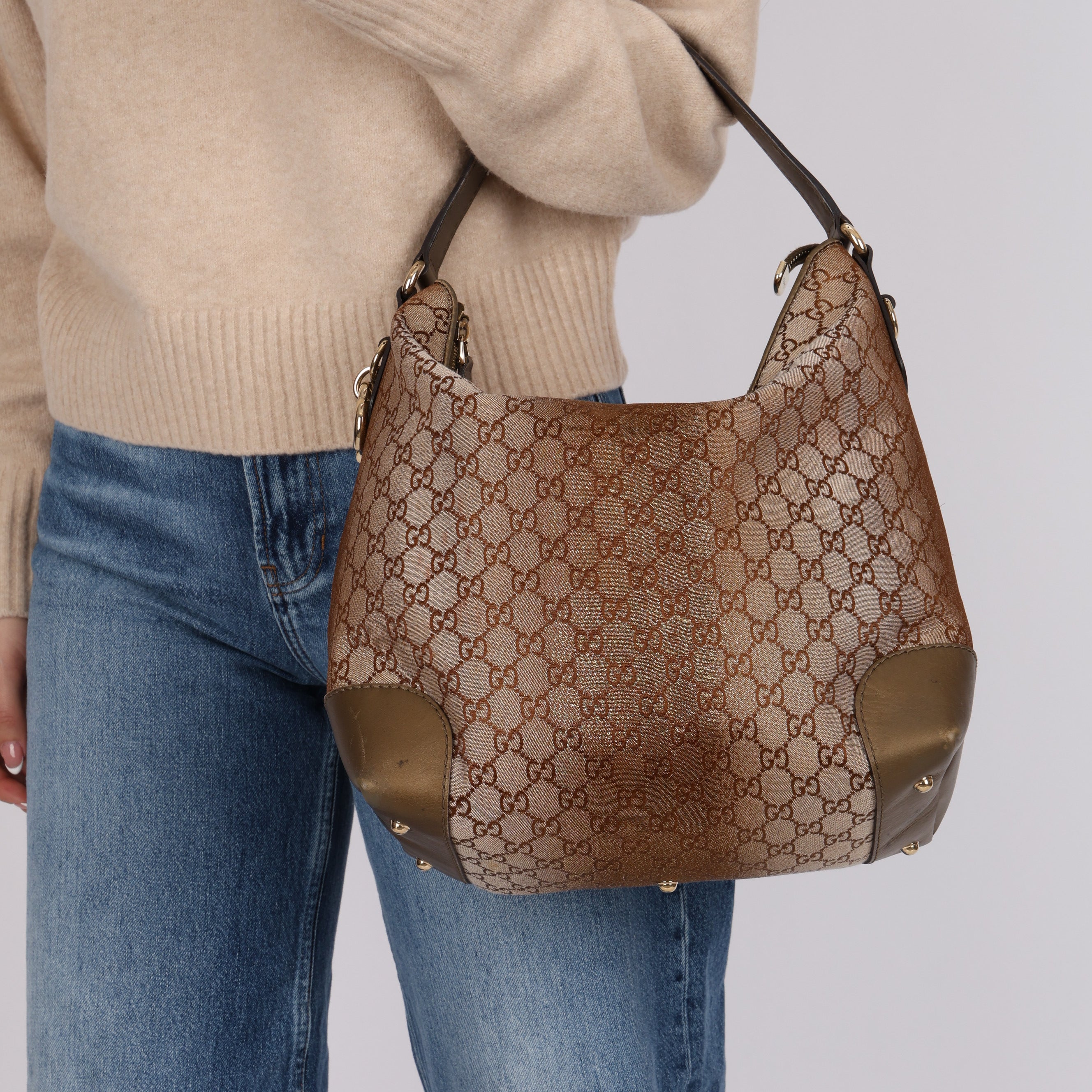 Gucci Beige Metallic Monogram Heart Bit Hobo