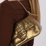 Fendi Zucchino Gold Metallic Embossed Leather Mini Mamma Baguette