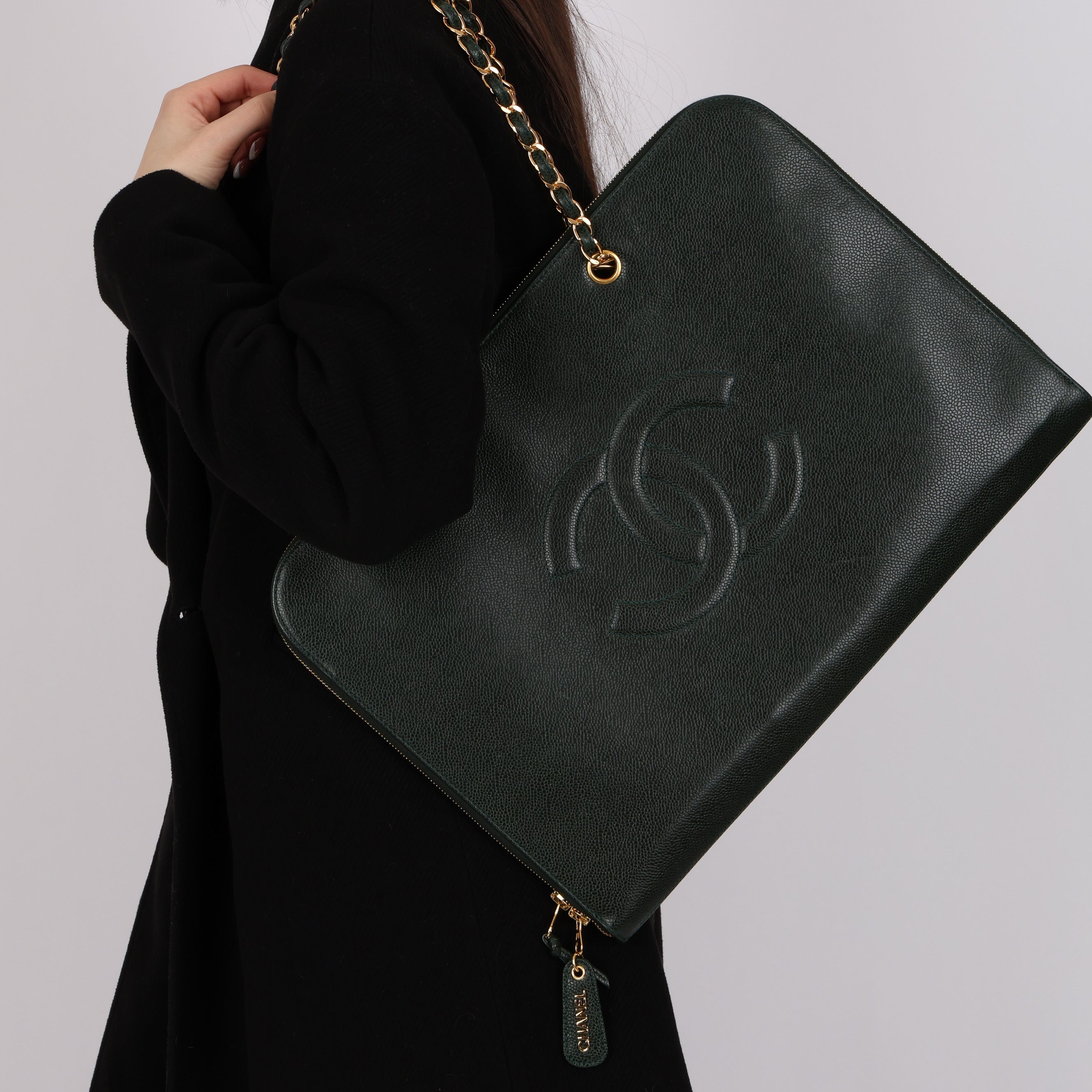 Chanel 1996 Dark Green Caviar Timeless Chain Tote 24K GP
