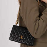 Chanel 2022 Black Lambskin Turnlock Pearl Crush Wallet on Chain GHW