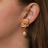 Chanel 1996 Gold Pearl Drop Turnlock Clip-On Earrings 24K GP