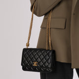 Chanel 2022 Black Lambskin Turnlock Pearl Crush Wallet on Chain GHW