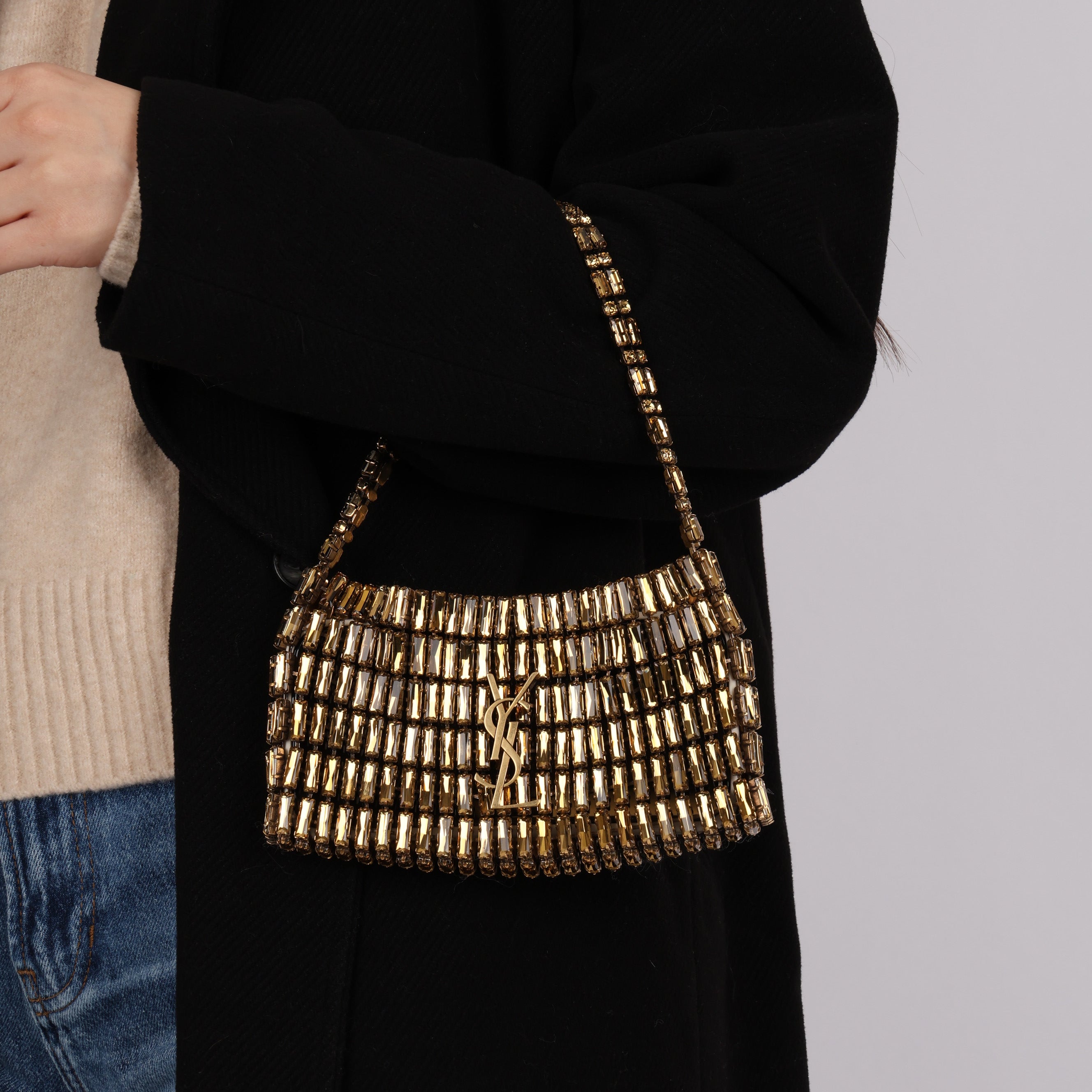 Saint Laurent Light Bronze Crystal Minaudiere Bag