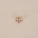 Vintage 1990s 18K Yellow Gold Ruby and Illusion Set Diamond Crest Ring, Size US 6