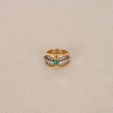 Vintage 1970s 18K Yellow Gold and Platinum Diamond and Emerald Bar Ring, Size US 6.5