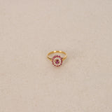 18K Yellow Gold Ruby and Diamond Flower Halo Ring, Size US 5.75