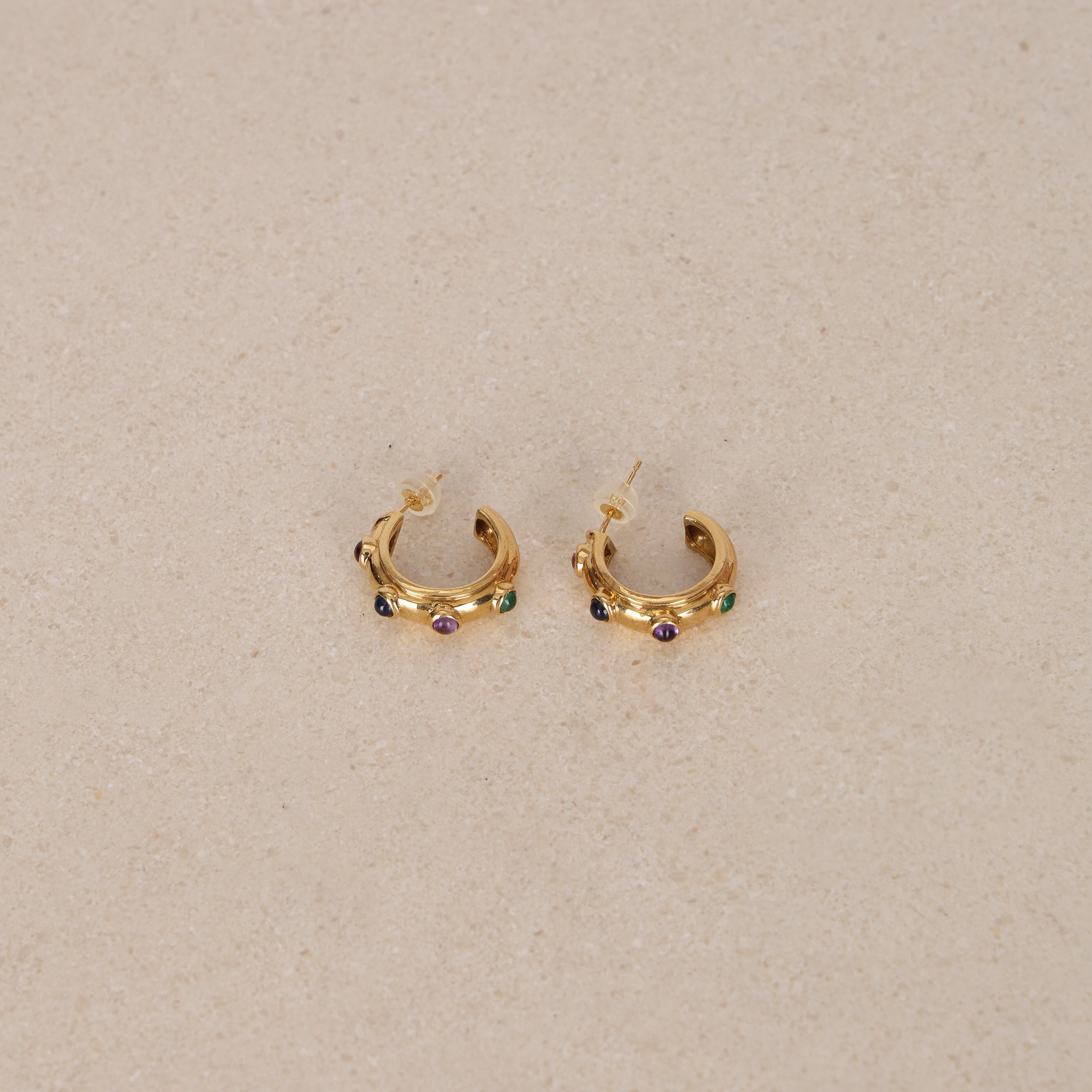 Vintage 1980s 18K Yellow Gold Garnet, Sapphire, Amethyst, and Emerald Hoop Earrings