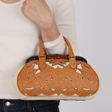 Rare Gucci Tan Lasercut-Leather Studded Bamboo Frame Bag
