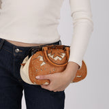 Rare Gucci Tan Lasercut-Leather Studded Bamboo Frame Bag