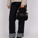 Gucci 1947 Black Boxcalf Bamboo Turnlock Top Handle